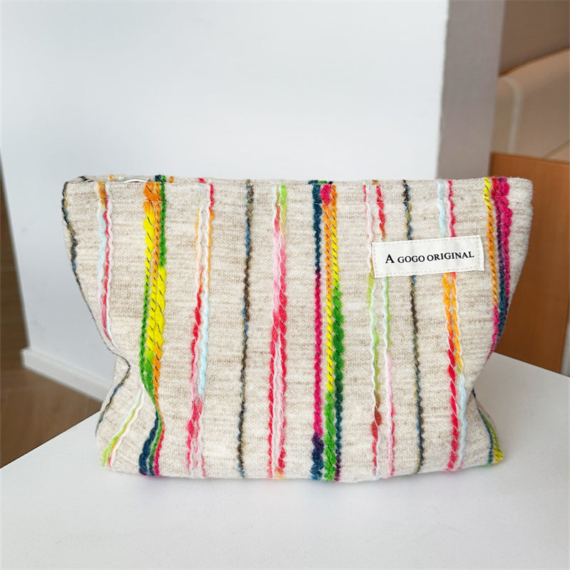 Striped Contrast Color Korean Style Canvas Three-dimensional Commuter Large Capacity Makeup Bag