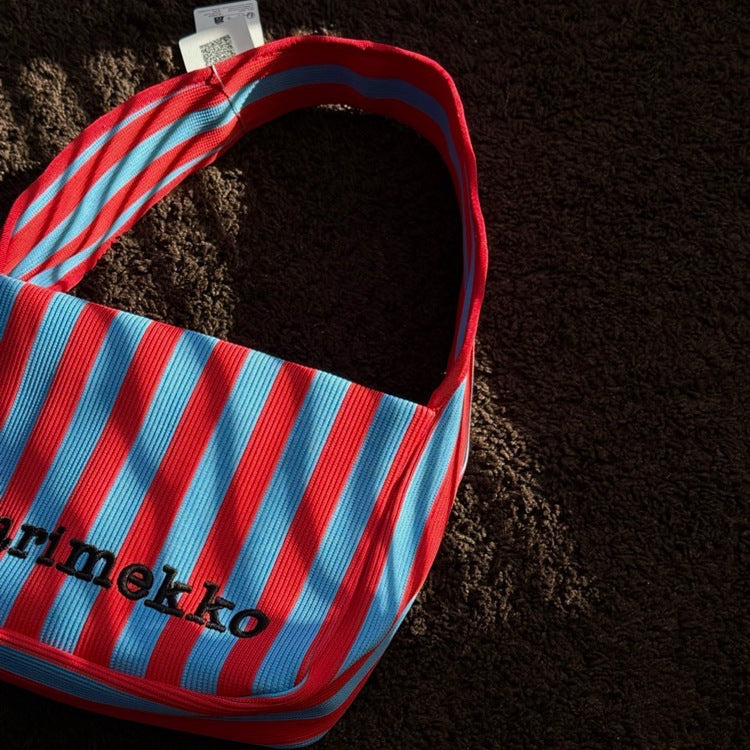 Striped Finland Flower Knitted Portable Large Capacity Plaid Thickened Contrast Women's Shoulder Bag
