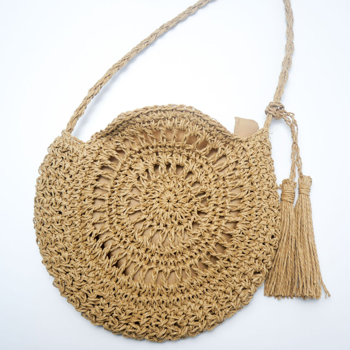 Women's Crochet Woven Hollow Straw Round Tassel Bags