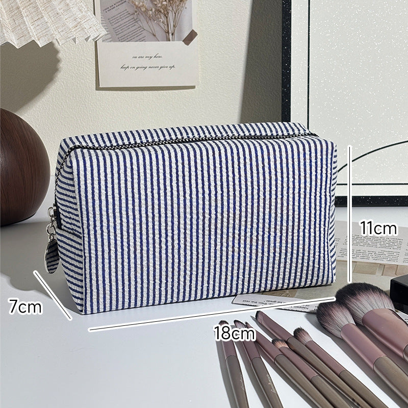 Striped Make-up Large Capacity Seersucker Embroidered Portable Out Makeup Bag