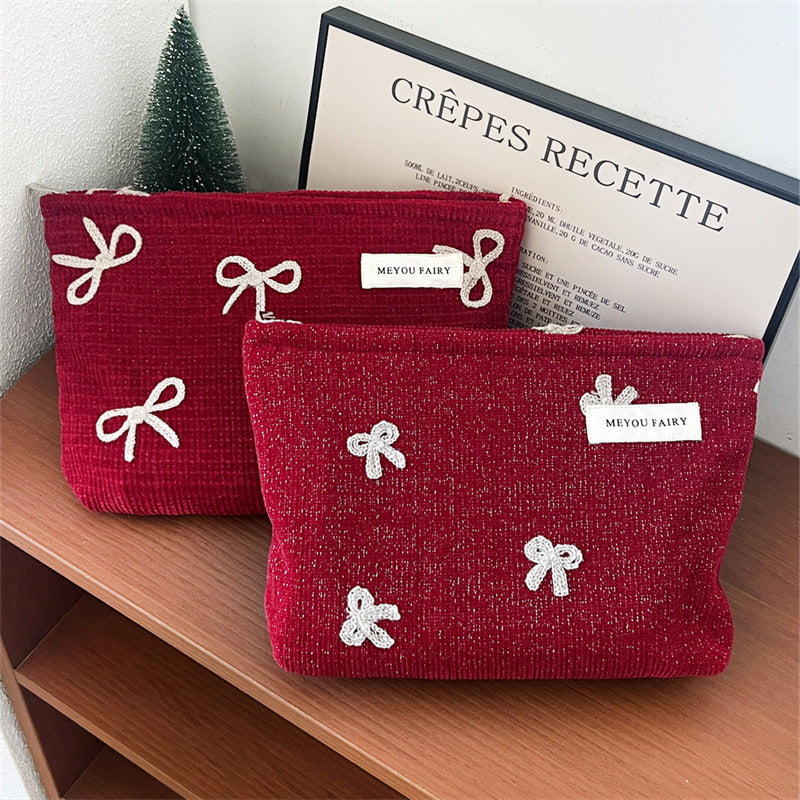 Portable Large Capacity Red Bow Wash Liner Girly Cosmetic Bags