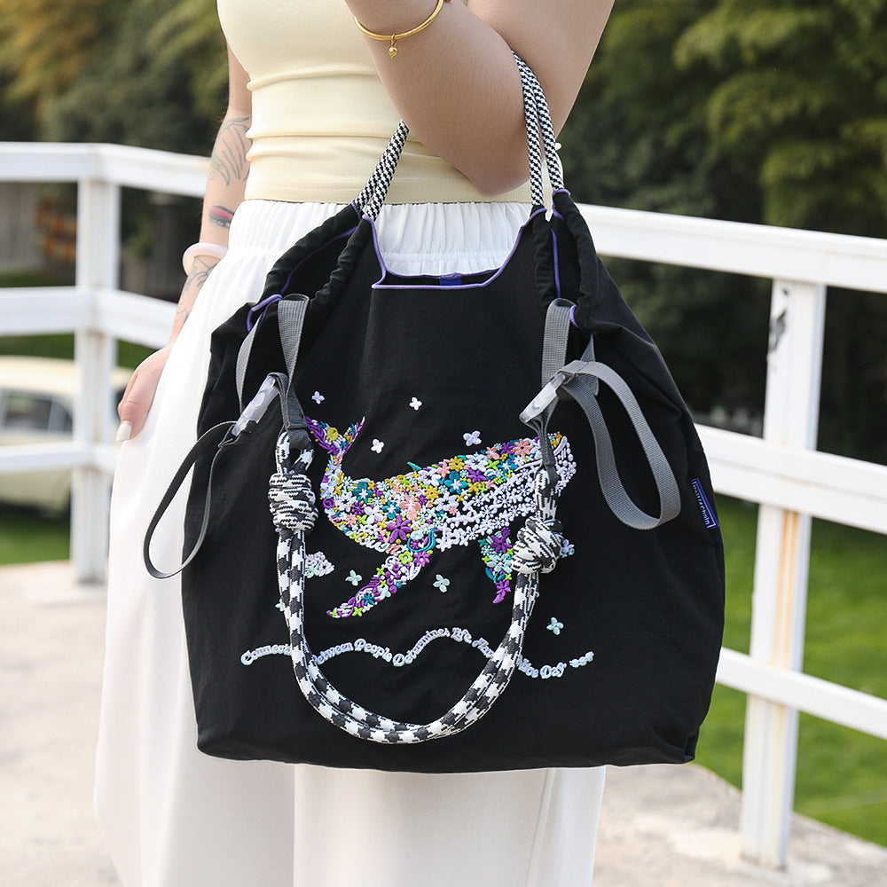 Embroidered Shopping With Flowers Plants On The Upper Body Niche Women's Shoulder Bag