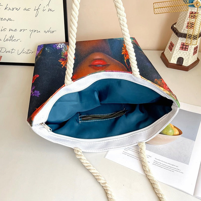 Woman Printing Aesthetic Hemp Rope Hand Women's Shoulder Bag
