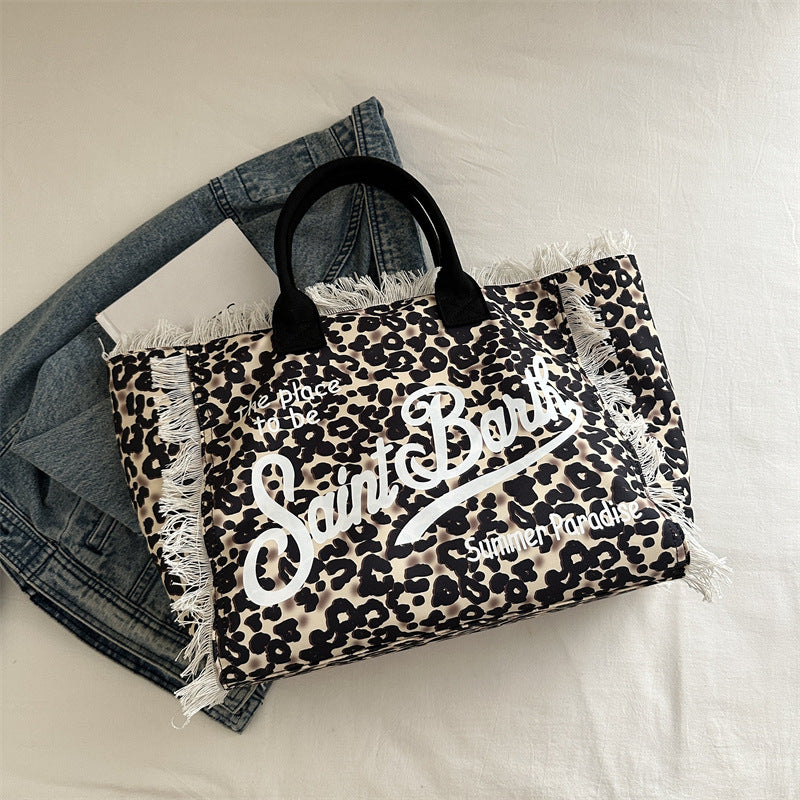 Capacity Leisure Leopard Print Canvas Printed Letter Commuter Portable Women's Shoulder Bag
