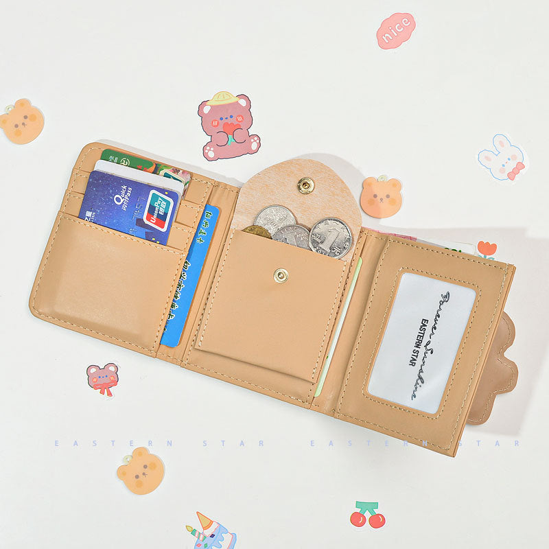 Women's Bear Cartoon Short Button Tri Fold Purses