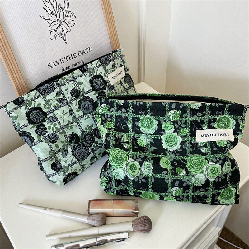Plaid Rose Blackish Green Series Jacquard Canvas Large Capacity Artistic Makeup Bag