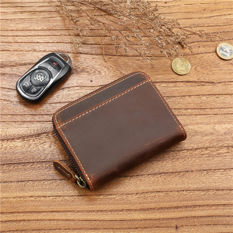 Men's Crazy Horse First Layer Cowhide Short Leather Zipper Simple Driving Purses