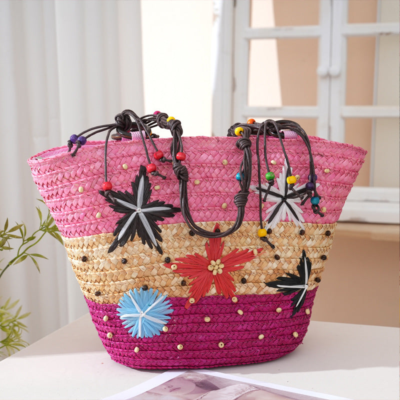 Women's Straw Grass Hand-knitted Embroidered Three-color Starry Sky Wooden Bead Woven Bags