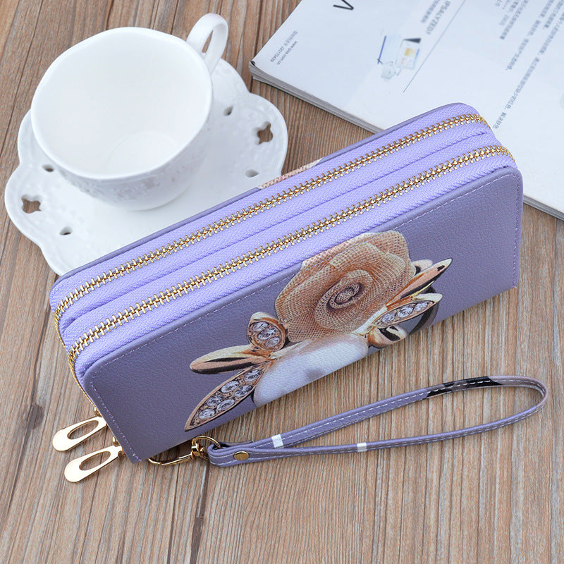 Women's Double Zipper Clutch Long Soft Leather Fashion Printing Purses
