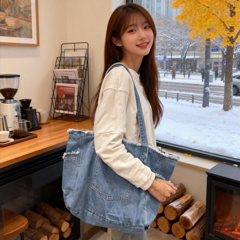 Denim Large Capacity Shopping Commuter Tassel Shoulder Bags