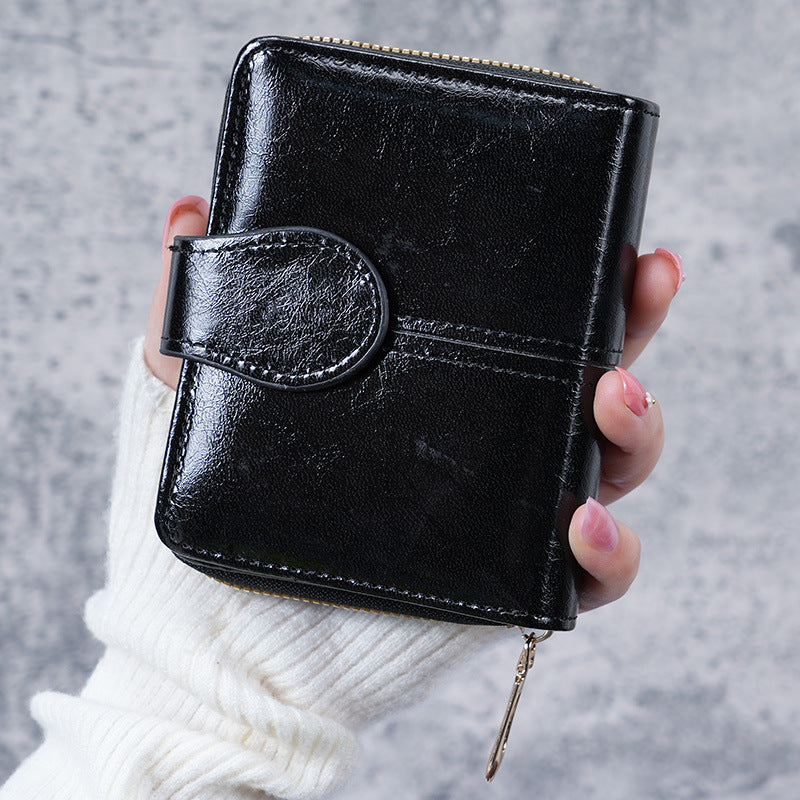 Women's Oil Wax Leather Vintage Short Korean Fashion Zipper Ladies Wallet
