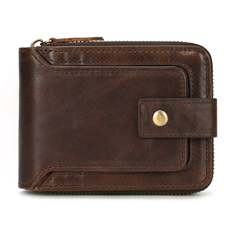 Men's Leather Snap Button Cowhide Zipper With Two Men's Wallet