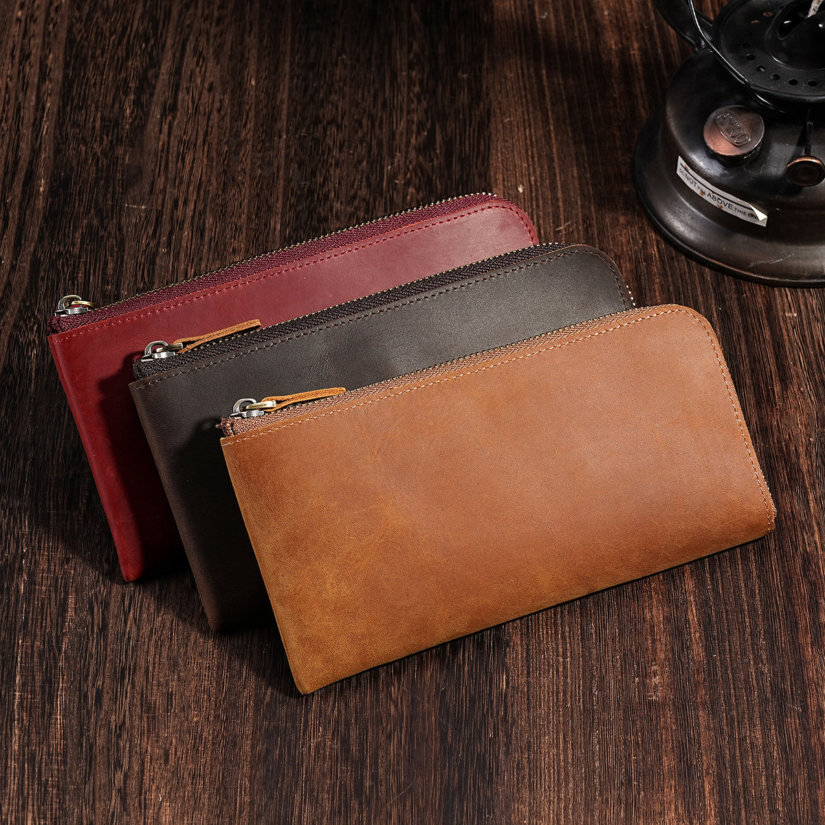 Men's Crazy Horse Leather Long For Zipper Ladies Wallet