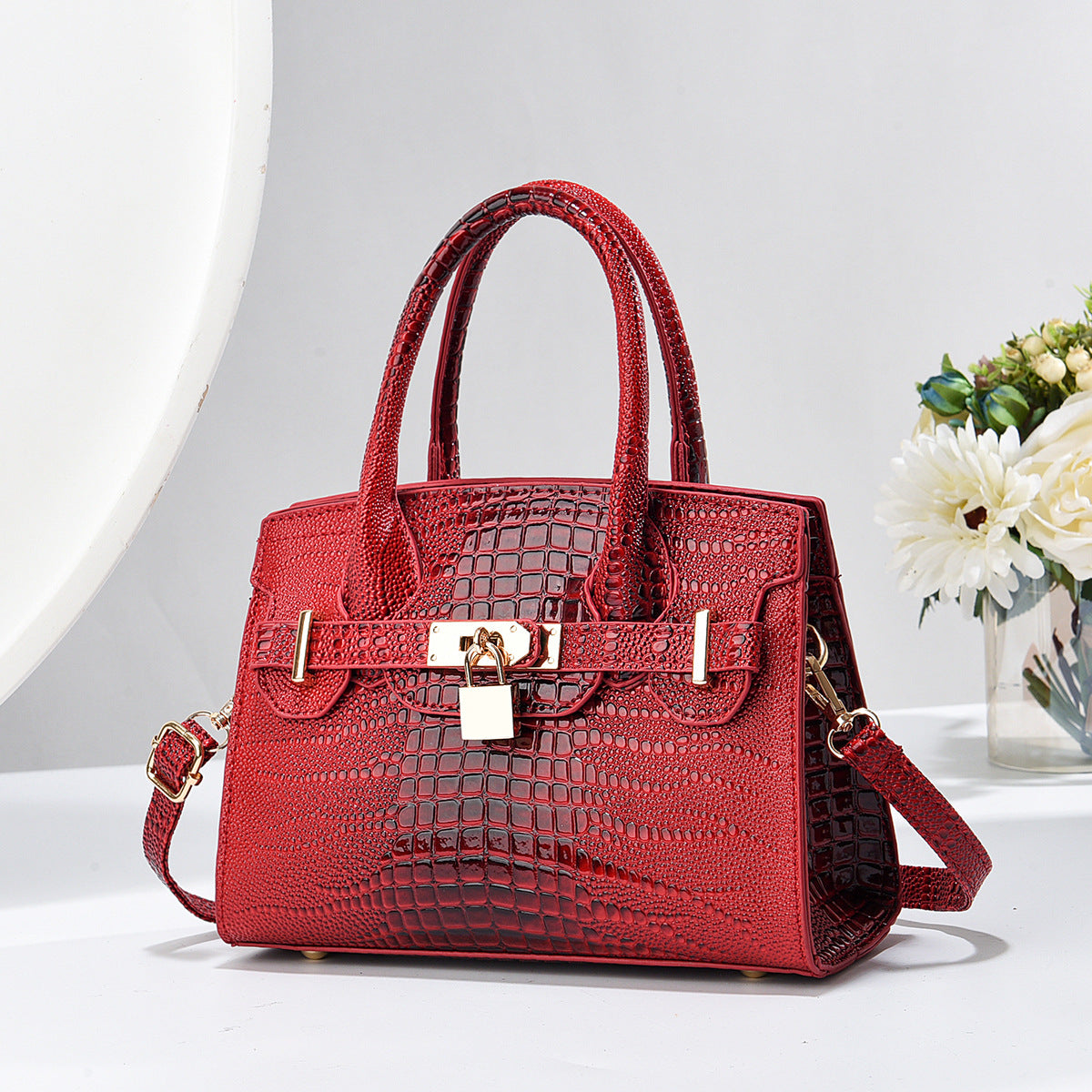 Durable Bright Leather Stone Pattern Alligator Handbags