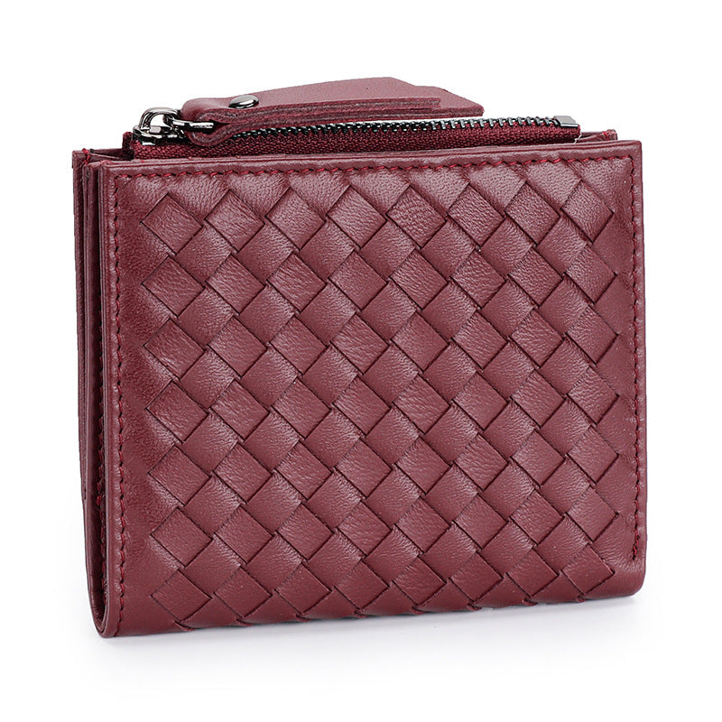 Women's Sheepskin Woven Fold Multiple Slots Vertical Leather Ladies Wallet