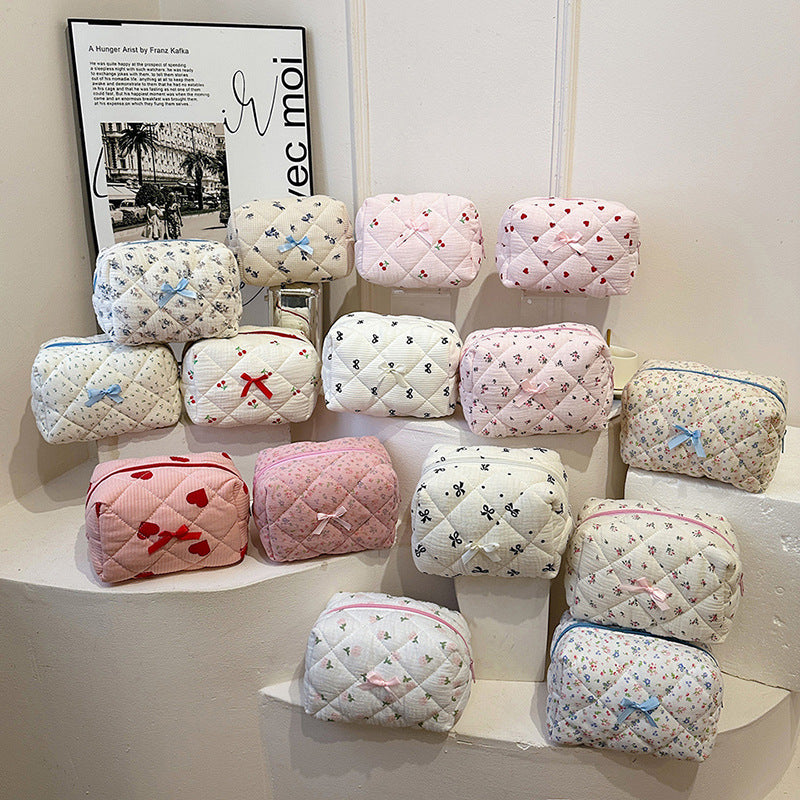 Striped Floral Cotton Embroidery Thread Plaid Makeup Bag