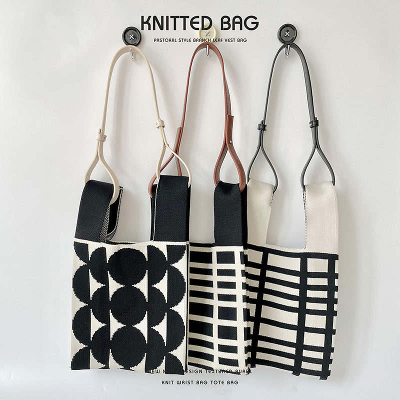 Black White Striped Knitted Hand Holding Versatile Bags