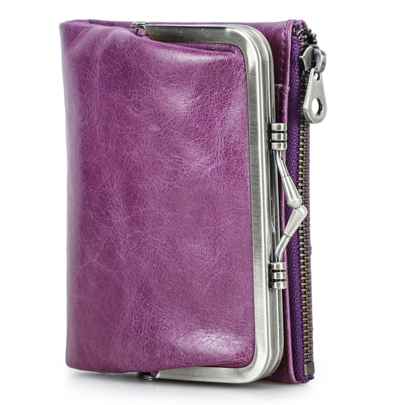 Women's Angel First Layer Cowhide Iron Hinge Short Leather Ladies Wallet