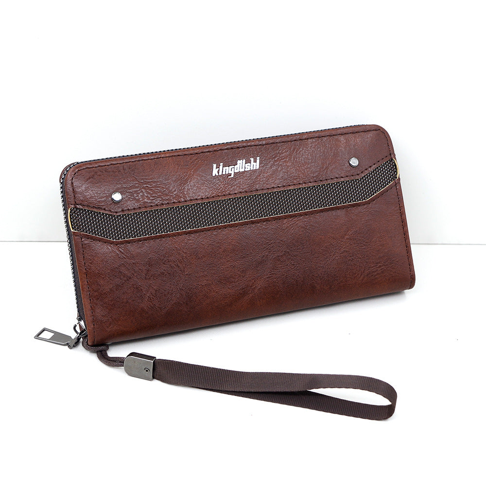 Men's Direct Wholesale Long Leather Patchwork Vintage Zipper Phone Bags