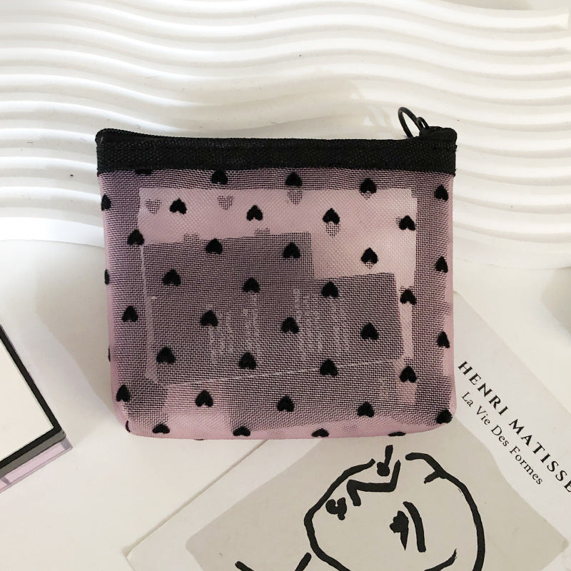 Flocking Pink Mesh Heart Portable Wash Cosmetic Bags