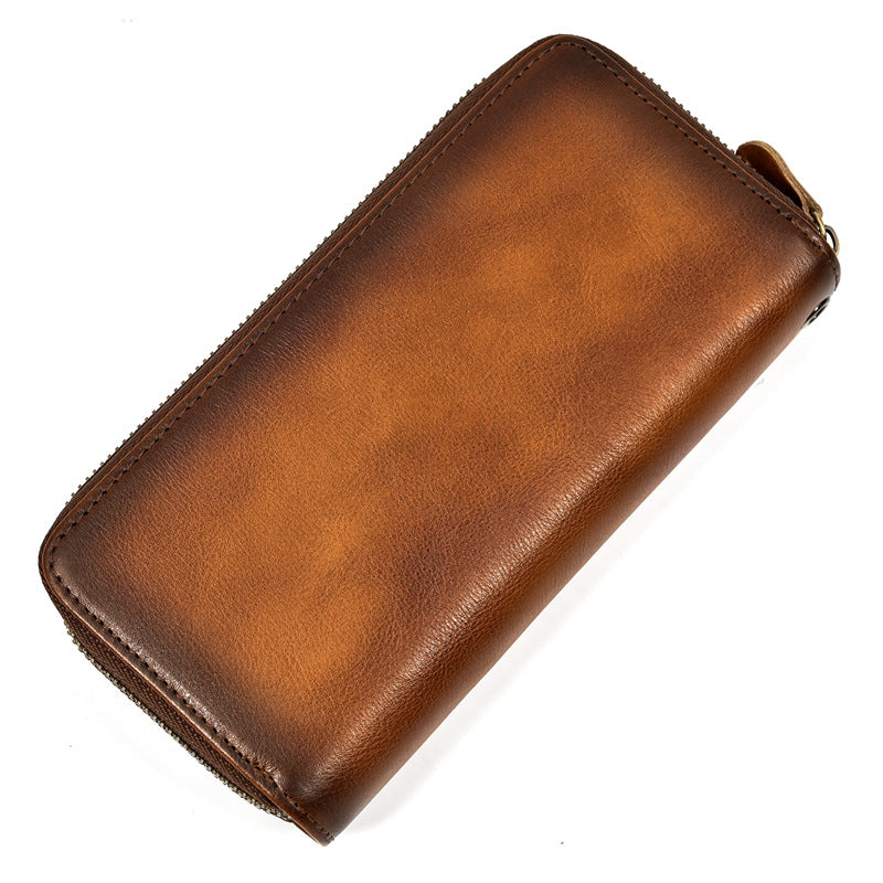 Men's Crazy Horse Leather Long Real Zipper Cowhide Clutch Men's Wallet