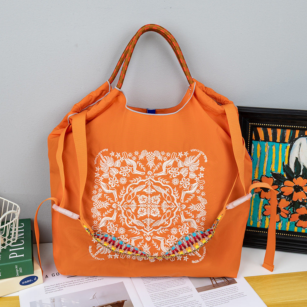 Environmental Protection Embroidery Shopping Nylon Cloth Flower Hand-held Minority Bags