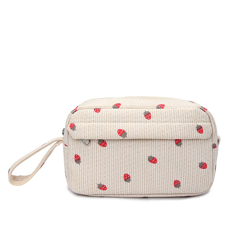 Corduroy Strawberry Pattern Large Capacity Portable Storage Bags