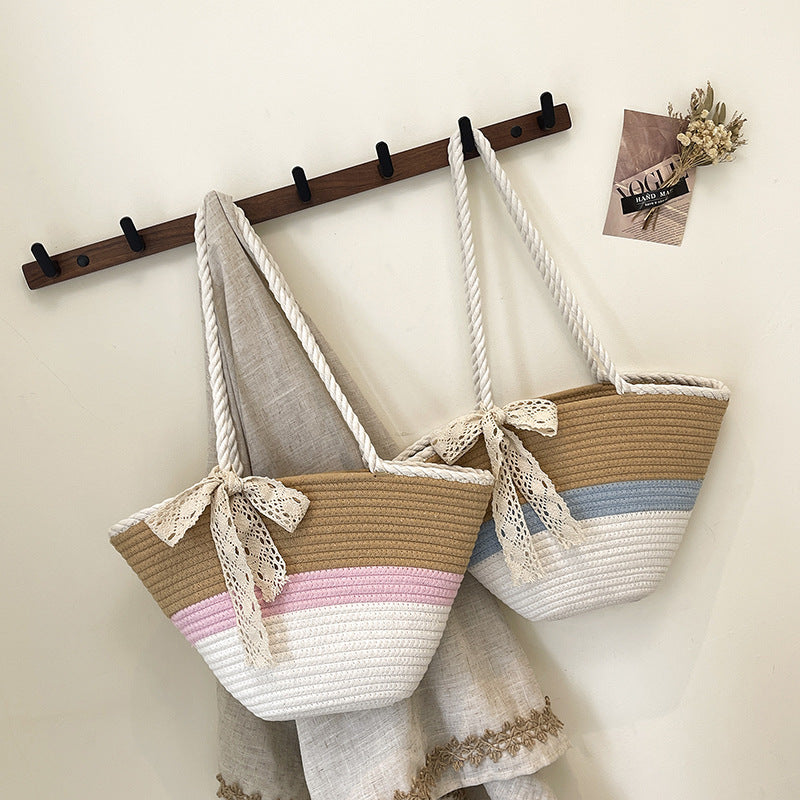 Summer Contrast Color Vacation Beach Mori Leisure Striped Large Capacity Women's Shoulder Bag