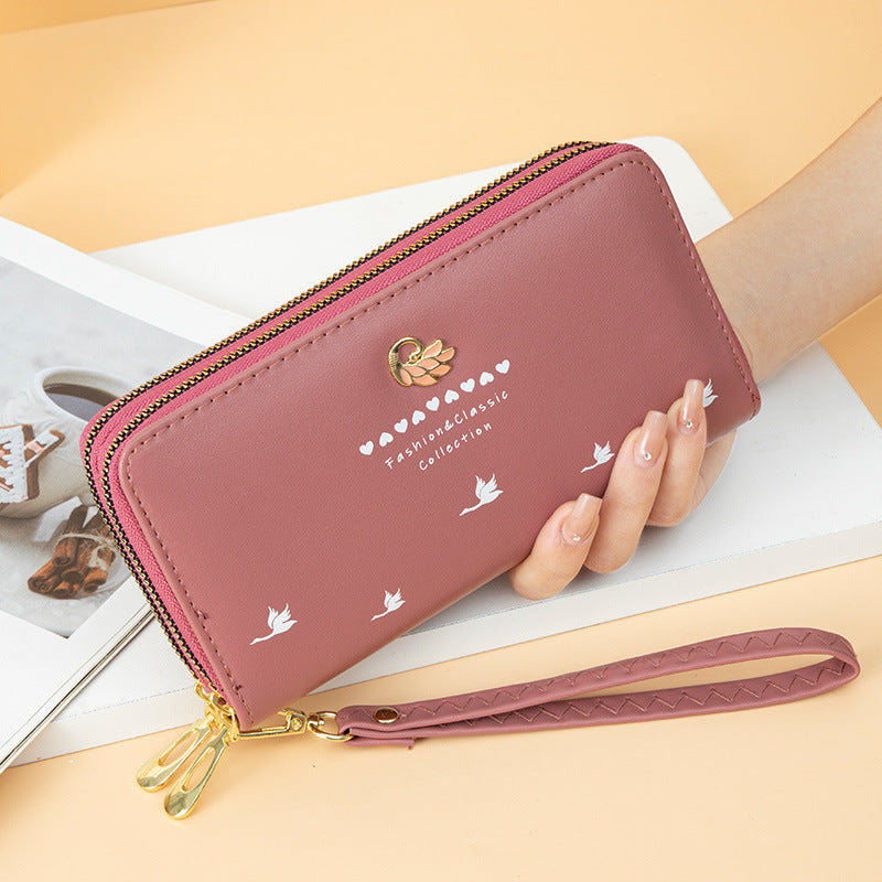 Women's Trendy Swan Double Zipper Large Capacity Wrist Ladies Wallet