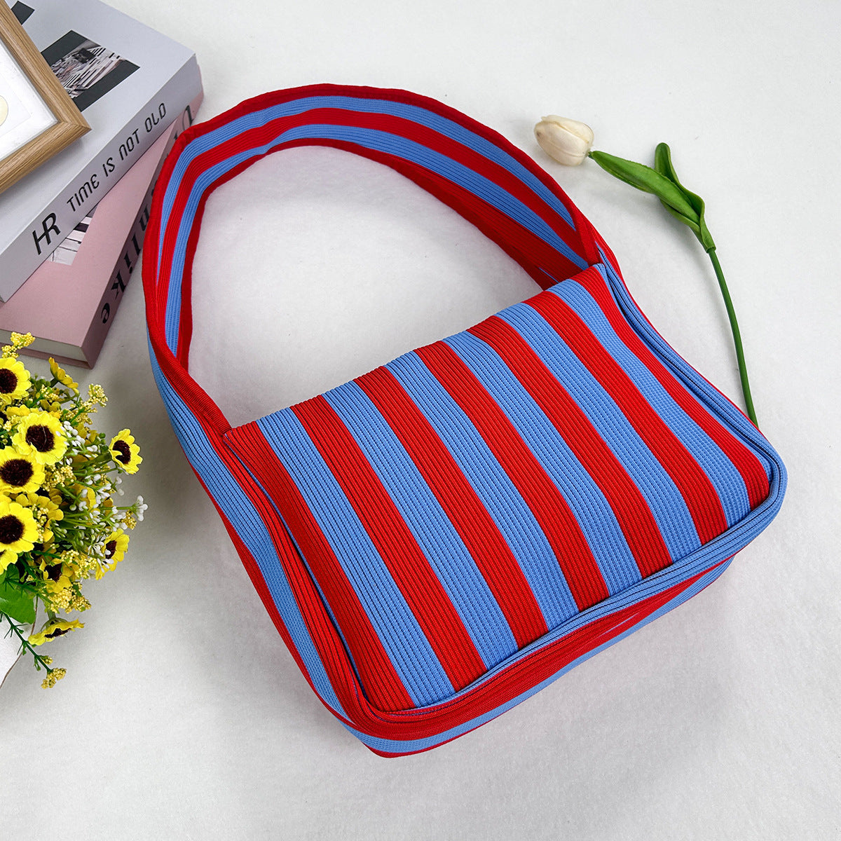 Striped Finland Flower Knitted Portable Large Capacity Plaid Thickened Contrast Women's Shoulder Bag