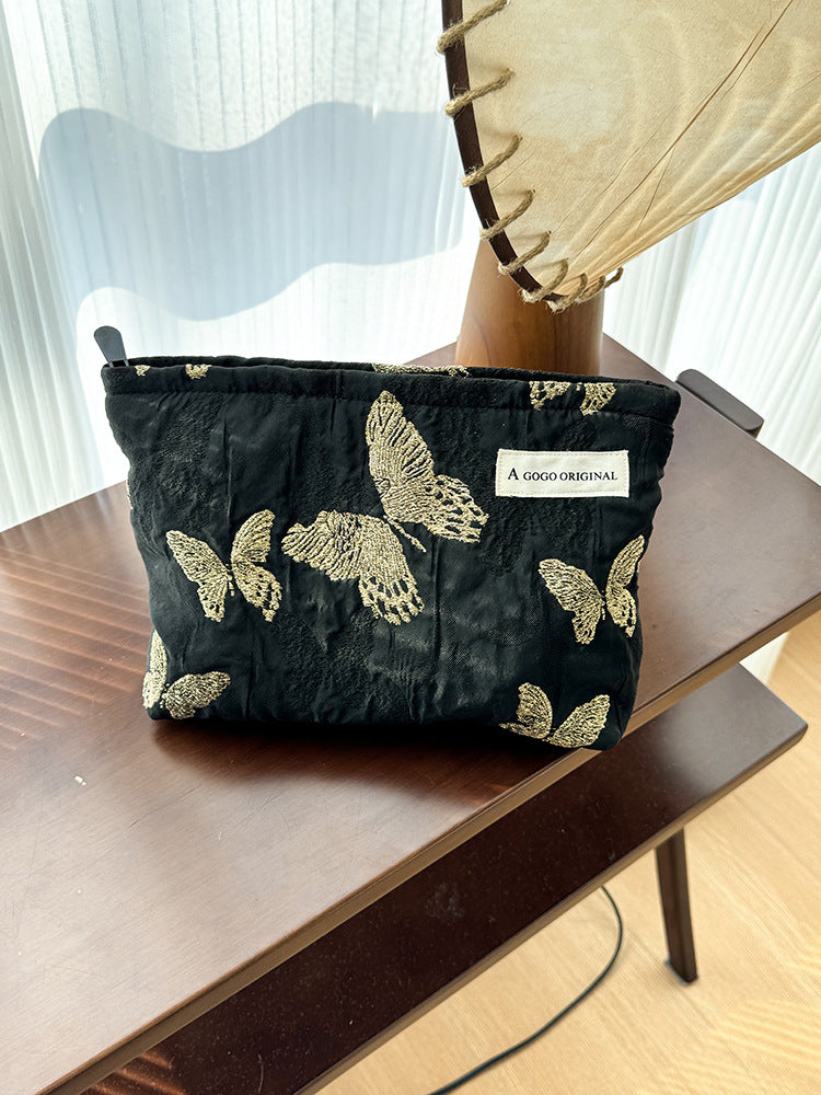 Gold Silk Butterfly Fabric Storage Clutch Canvas Makeup Bag