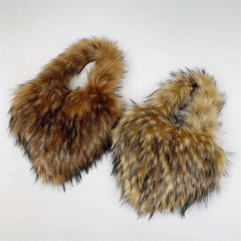 Children's Size Heart Imitation Raccoon Fur Plush Handbags