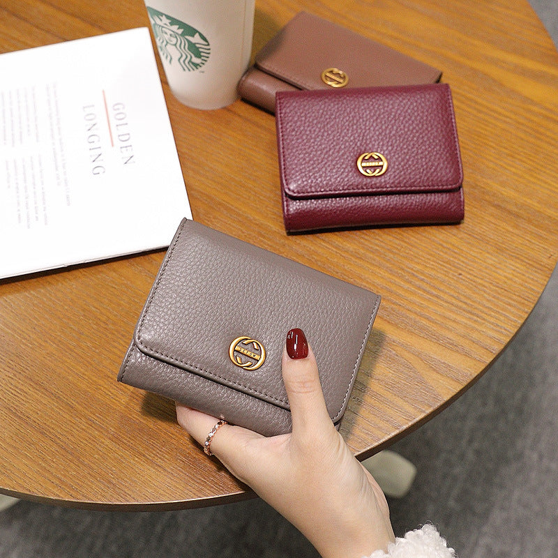 Women's Leather Folding Fashion Simple Cowhide Three Fold Ladies Wallet