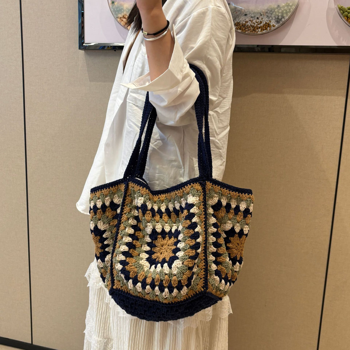 Women's Large Capacity Straw Single Grandma Plaid Women's Shoulder Bag