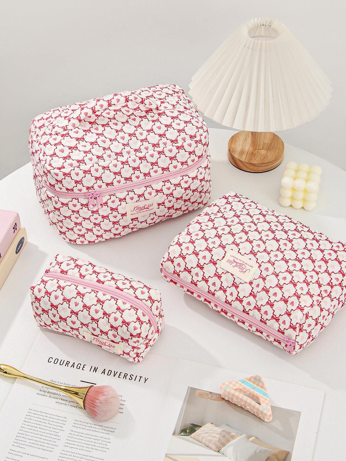Love Heart Bow Portable Large Capacity Makeup Bag