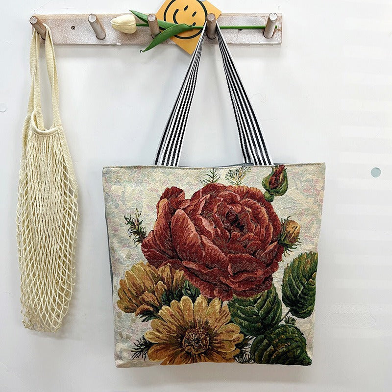 Women's Large Capacity Totes Gold Silk Embroidered Canvas Creative Women's Shoulder Bag