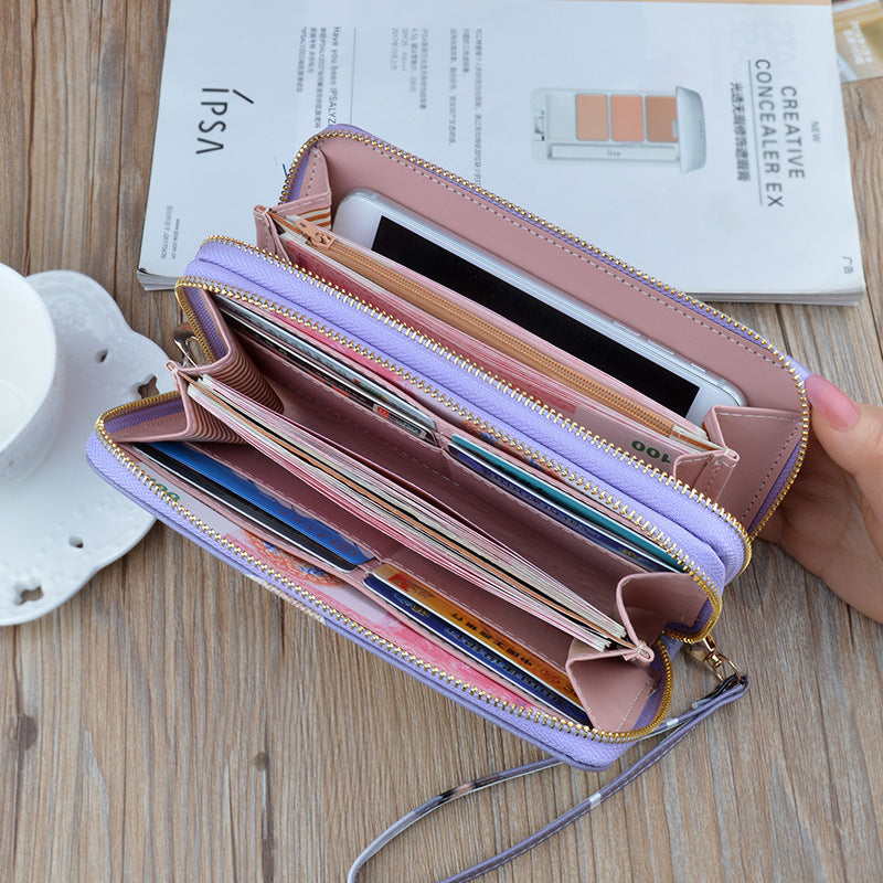 Women's Double Zipper Clutch Long Soft Leather Fashion Printing Purses
