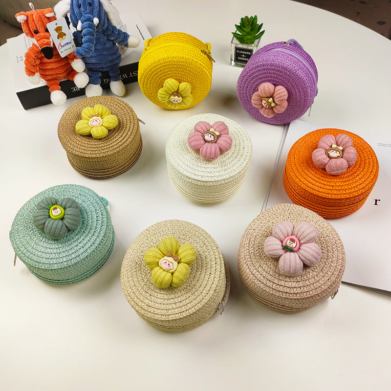 Children's Mini Straw Flower Woven Little Coin Purses