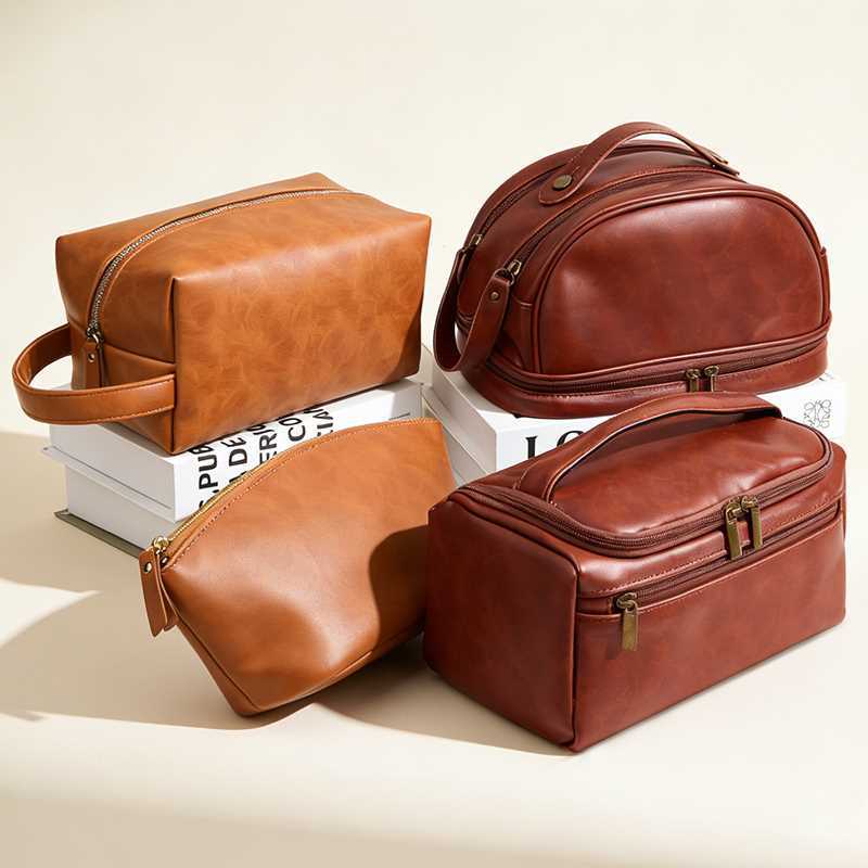 Crazy Horse Leather Large Capacity Portable Wash Makeup Bag