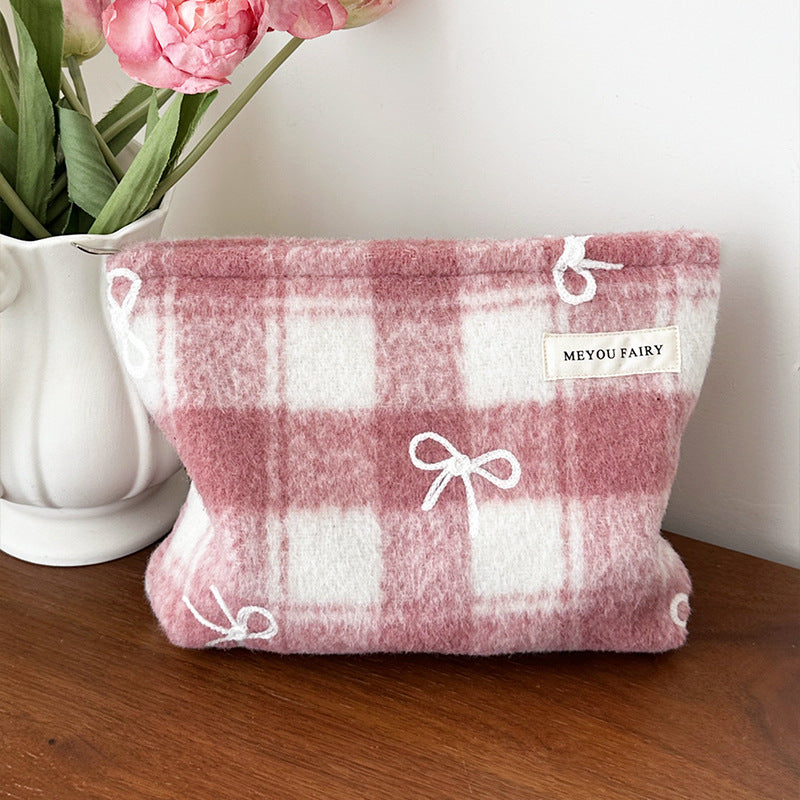 Plaid Woolen Bow Storage Large Capacity Wash Makeup Bag