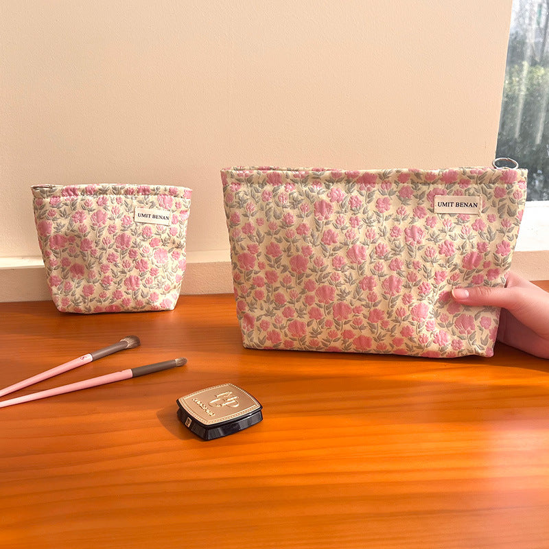 Women's Pink Floral Portable Large Capacity Wash Liner Makeup Bag